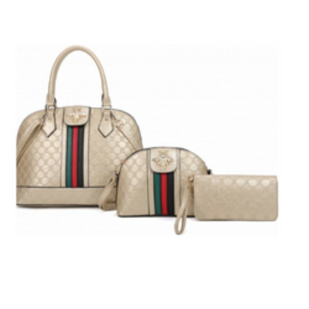 Gold 3 In 1 Embossed Bear Fashion Handbag Set